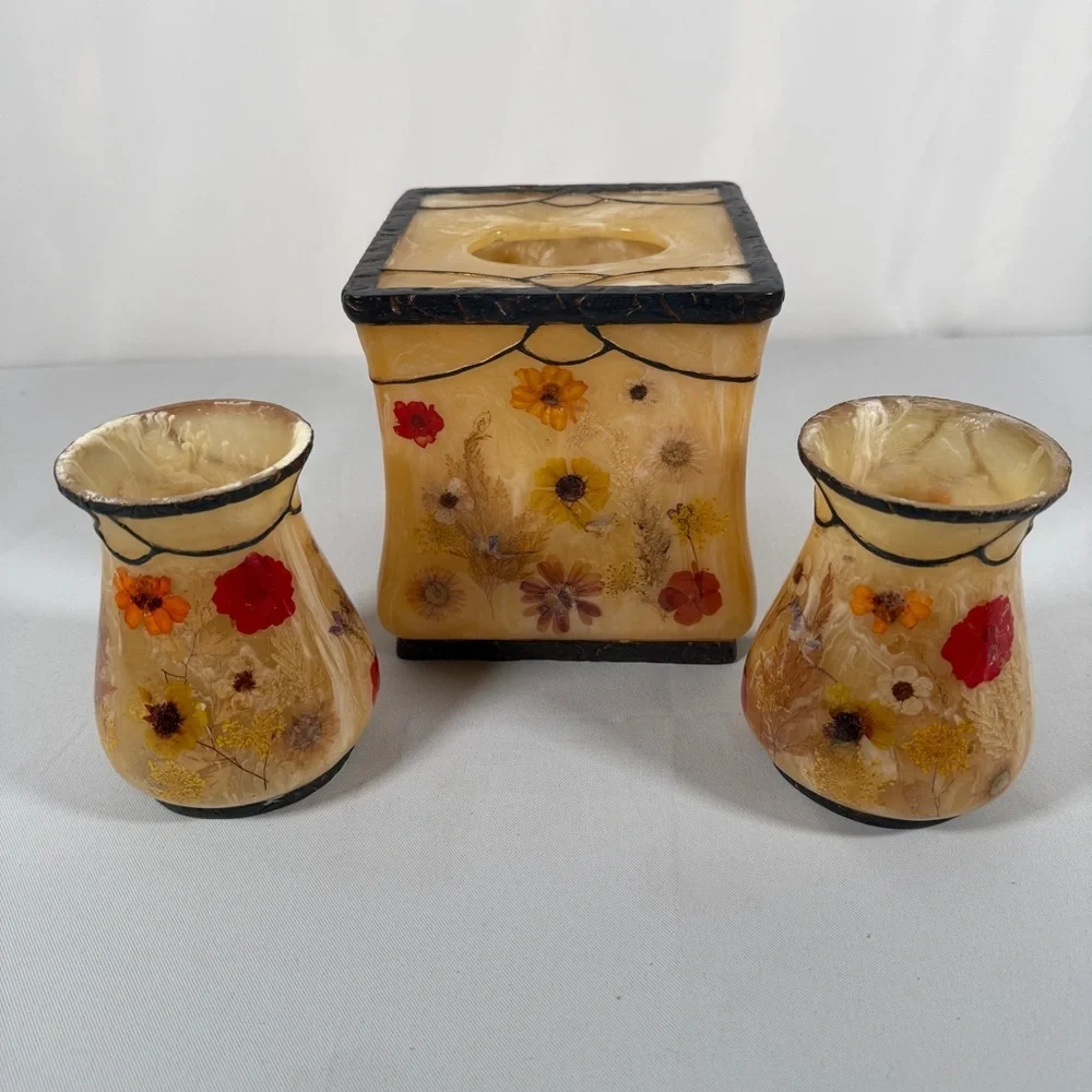 Acrylic, “Fresh Fields” by India ink, tissue holder and two cups